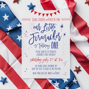 4th of July themed party invitation with blue and red brush lettering on a white card. Background is a bright, patriotic theme with portions of the United States flag.