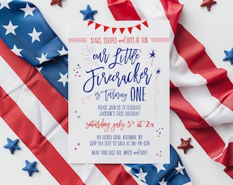 4th of July Birthday / Party in the USA / 4th of July Invite / 1st Birthday Party Invite / Red White and Two / Digital Invitations