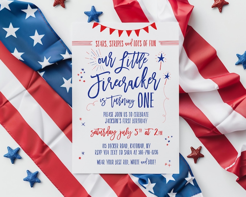 4th of July themed party invitation with blue and red brush lettering on a white card. Background is a bright, patriotic theme with portions of the United States flag.