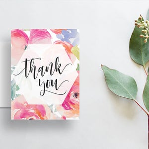 Aquarel Floral Thank You Cards / Tropical Pink Purple Bright Floral / Kalligrafie / Thank You Notes / Printed Folded Thank You Cards