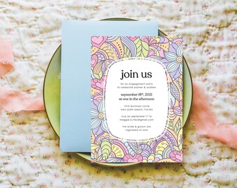 Rainbow Flower Power Invites / Retro Floral Swirl / Bridal Baby Shower / Birthday Engagement Summer Party / Semi-Custom Printed Invitations