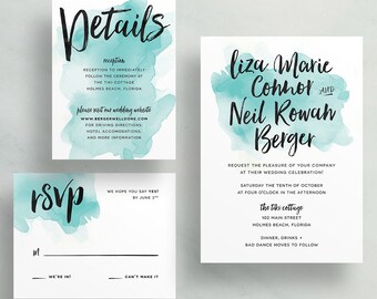 Watercolor Splash Wedding Invites / Robins Egg Blue Turquoise / Hand Brush Lettering / Semi-Custom Wedding Suite / Print-at-Home Invitations