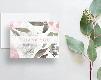 Instant Download Classic Floral Thank You Cards / Dusty Pink Watercolor Floral / Calligraphy / Digital Print-at-Home Thank You Card File