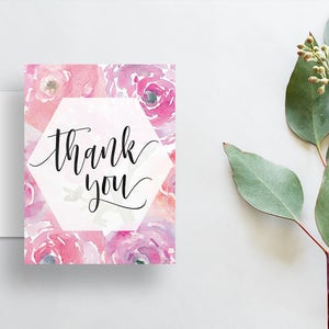 Watercolor Floral Thank You Cards / Soft Pink Watercolor Floral / Calligraphy / Thank You Notes / Printed Folded Thank You Cards