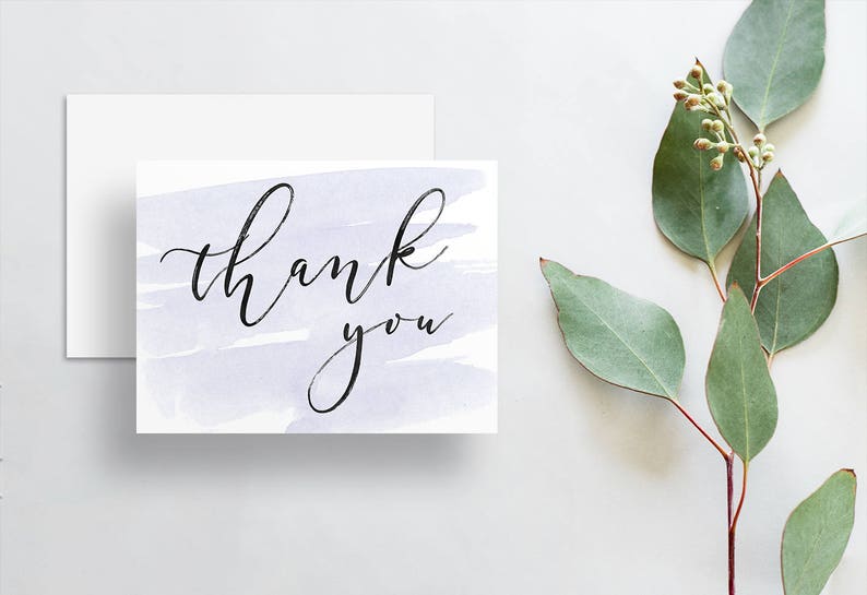 Simple Calligraphy Thank You Cards Light Purple Watercolor Brush Hand Lettering Printed Folded Thank You Cards