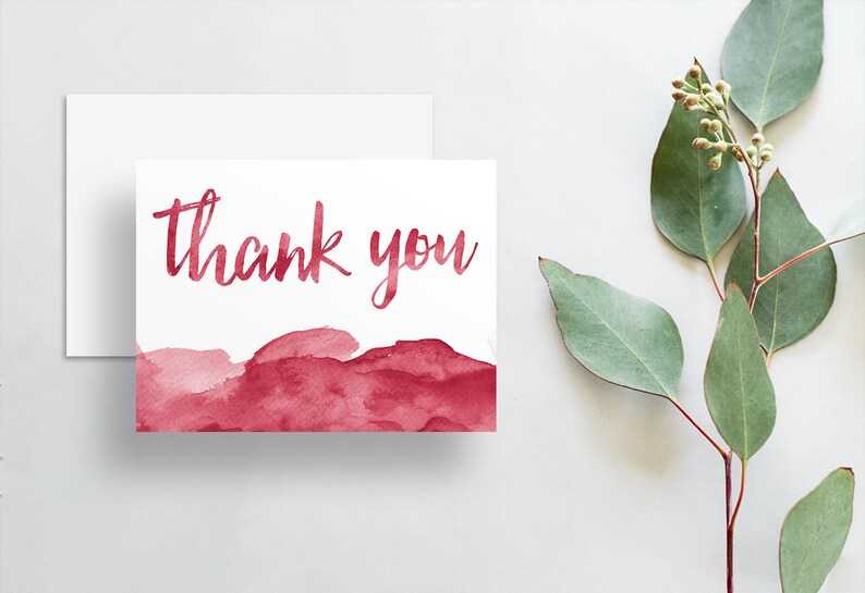 Instant Download Watercolor Ombre Thank You Cards Cranberry Red Watercolor Brush Hand Lettering Digital Print-at-Home File