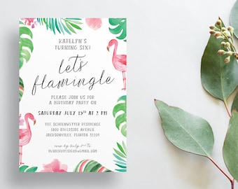 Tropical Birthday Party Invites / Watercolor Flamingo Palm Leaves / Semi-Custom Shower Invites / Girl Birthday / Print-at-Home Invitations