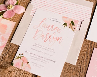 May include: Wedding invitation with pink watercolor flowers and the names Lauren & Darryn. The invitation text reads "Together with their families, invite you to share in the celebration of their wedding, Friday, August 12, 2016, 5 pm, The Howard County Conservancy, 10520 Old Frederick Road, Woodstock, MD 21163, Dinner & Dancing to follow."