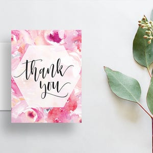 Watercolor Floral Thank You Cards / Bright Pink Watercolor Floral / Calligraphy / Thank You Notes / Printed Folded Thank You Cards