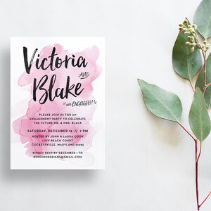 Watercolor Splash Engagement Party Invites / Bright Pink / Hand Lettering / Semi-Custom Party Shower Invites / Print-at-Home Invitations