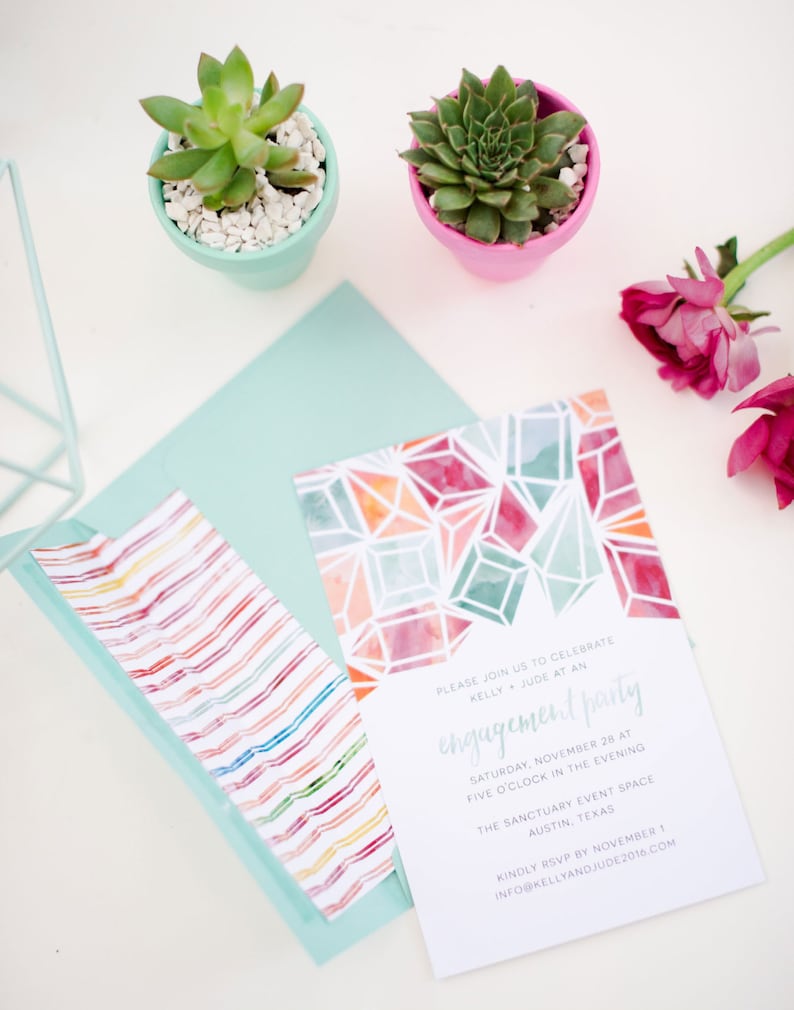 Watercolor Jewels Bridal Shower Invites Bright Blue Pink Coral Diamonds Semi-Custom Engagement Party Invites Printed Invitations