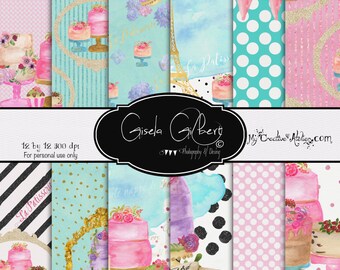 May include: A set of 12 digital papers featuring a Parisian bakery theme. The papers include various patterns, such as polka dots, stripes, and floral designs. The papers are perfect for scrapbooking, card making, and other crafting projects.