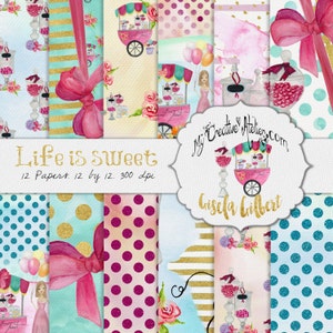 Acuarela Pack de papel digital. La vida es dulce. Tienda de golosinas