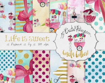 Watercolor digital Paper Pack. Life is sweet. Candy Store