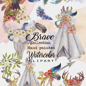Puede incluir: Conjunto de clipart de acuarela con una mujer nativa americana con tocado, tipis, ciervos, flechas, plumas y ramos de flores. El conjunto se titula "Brave Collection" y incluye archivos PNG de alta resolución.
