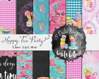 May include: A set of 12 digital papers featuring a tea party theme. The papers include various patterns with teacups, cupcakes, macarons, and gingham. The papers are 12 inches by 12 inches and 300 dpi.