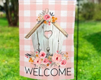 Birdhouse Garden Flag, Personalized Garden Flag, Spring Decor, Seasonal Garden Flags, Flower Decor, Garden Decor, Garden Flags