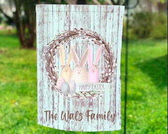 3 Bunnies Wreath Garden Flag, Personalized Garden Flag, Spring Decor, Seasonal Garden Flags, Easter Garden Flag, Spring Decor