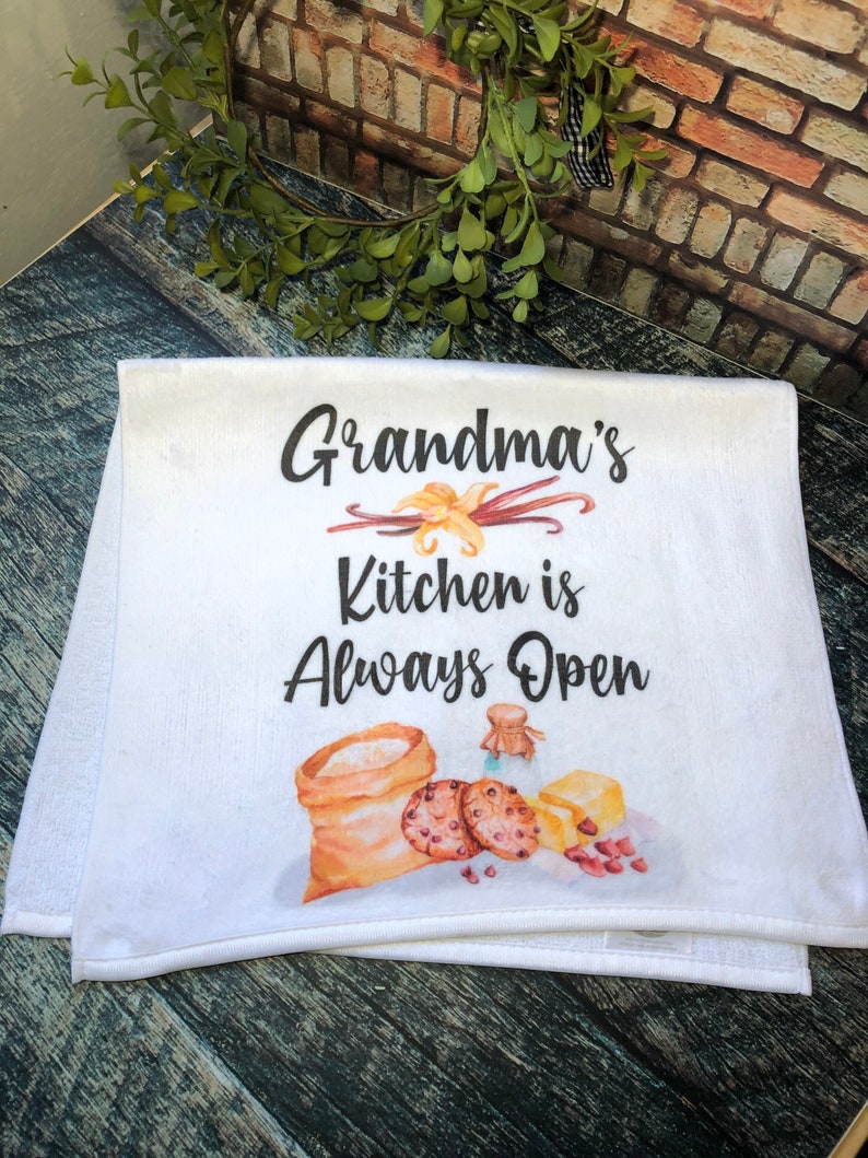 Grandma's Kitchen is Always Open Towels, Funny Kitchen Towel, Hand Towels, Grandma Gifts, Kitchen Towels, Flour Sack Towels image 4