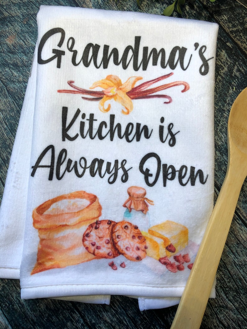 Grandma's Kitchen is Always Open Towels, Funny Kitchen Towel, Hand Towels, Grandma Gifts, Kitchen Towels, Flour Sack Towels image 1