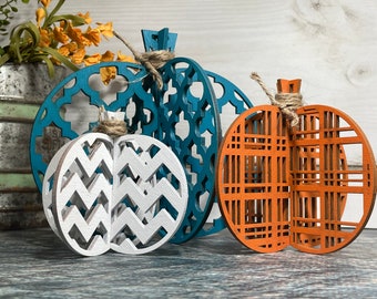 Conjunto de 3 abóboras de madeira, decoração de outono, bandeja de outono em camadas, decoração de Halloween, decoração de outono, bandeja sazonal em camadas, bandejas em camadas