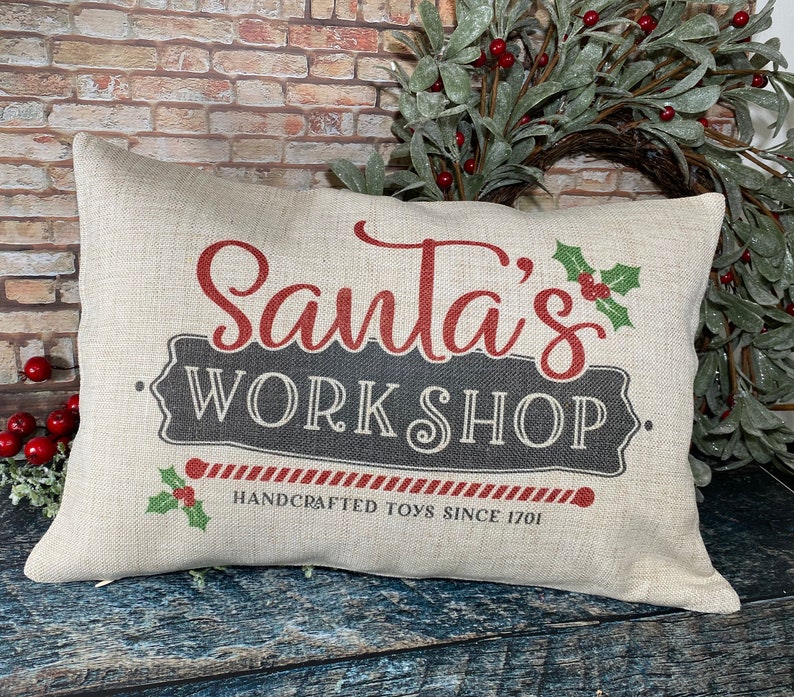 Santas Workshop Pillow, Christmas Pillows, Christmas decor, Traditional Christmas Decor, Santa Pillow image 5