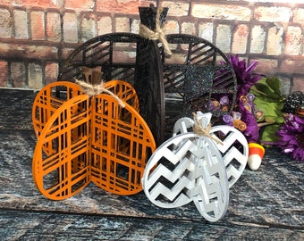 Conjunto de 3 abóboras de madeira, decoração de outono, bandeja de outono em camadas, decoração de Halloween, decoração de outono, bandeja sazonal em camadas, bandejas em camadas, abóboras de madeira