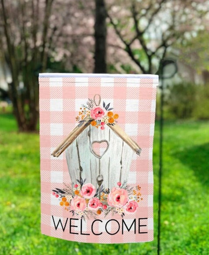 Birdhouse Garden Flag, Personalized Garden Flag, Spring Decor, Seasonal Garden Flags, Flower Decor, Garden Decor, Garden Flags image 1