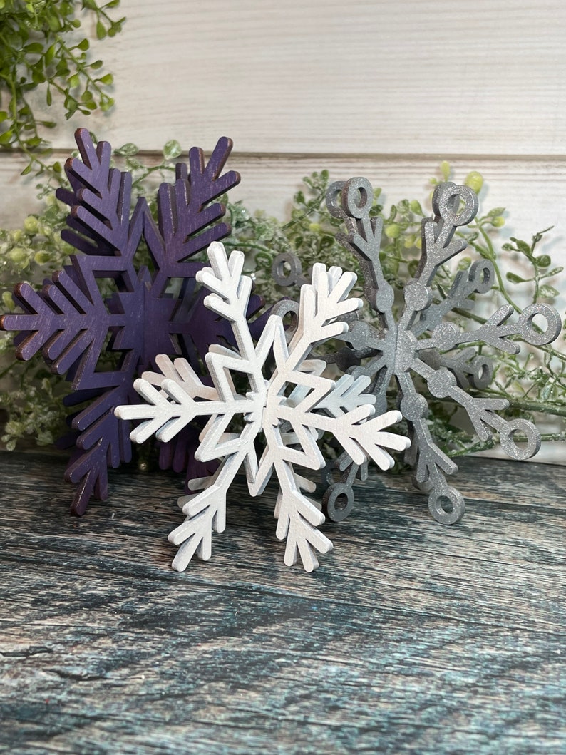 Purple Set of 3 wood snowflakes , Christmas Decor, Christmas Tiered Tray, Winter Decor, Seasonal Tiered Tray, Tiered Trays, Snowflake decor image 5
