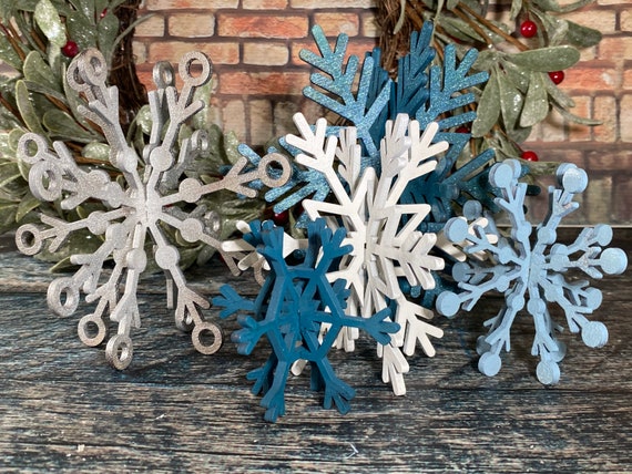 Winter Snowflake Decorations, White Standing Wooden Snowflakes