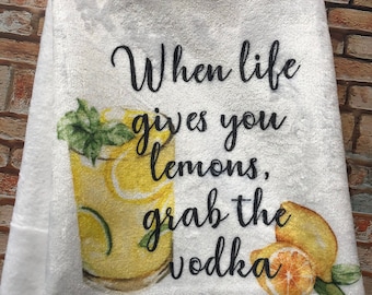 Quando la vita ti dà limoni, prendi l'asciugamano da cucina alla vodka, Asciugamano da cucina divertente, Asciugamani, Strofinacci da cucina, Asciugamani da cucina in sacchi di farina, Asciugamani da cucina al limone