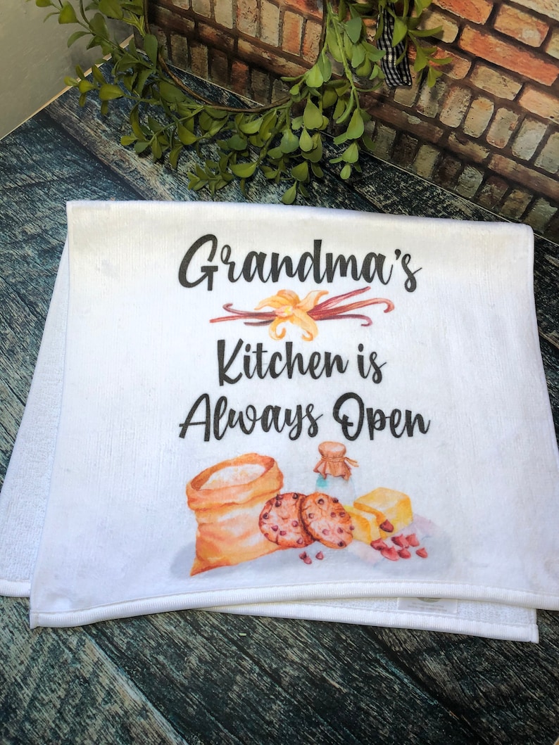 Grandma's Kitchen is Always Open Towels, Funny Kitchen Towel, Hand Towels, Grandma Gifts, Kitchen Towels, Flour Sack Towels image 2