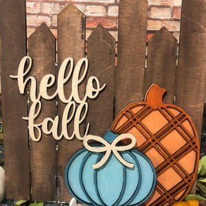 Hello Fall Fence, Fall Decor, Plaid Pumpkin Sign, Fall Wood Signs, Hand Painted Signs