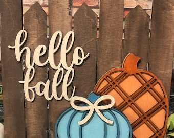 Hello Fall Fence, Fall Decor, Plaid Pumpkin Sign, Fall Wood Signs, Hand Painted Signs
