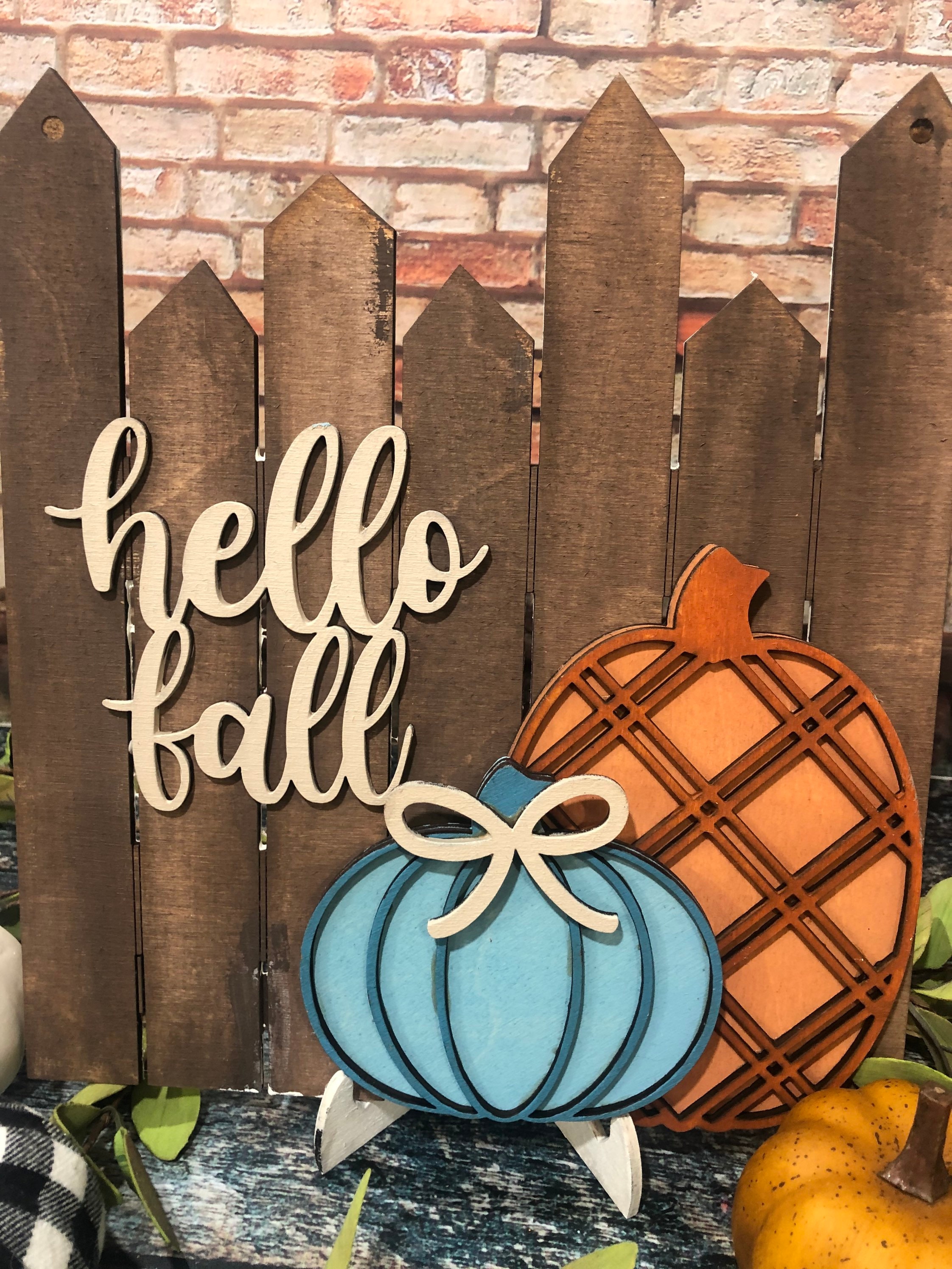 Hello Fall Fence, Fall Decor, Plaid Pumpkin Sign, Fall Wood Signs, Hand Painted Signs