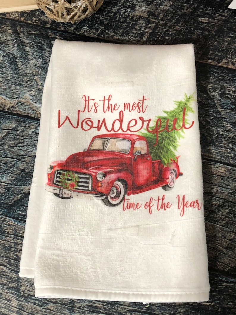 Red Christmas Truck Kitchen Towel Christmas Kitchen Towels Etsy