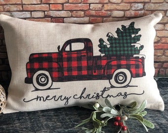Merry Christmas  Truck Pillow, Christmas Burlap Pillow Cover, Buffalo Plaid Pillow Covers, Christmas Pillow Covers, Christmas Decor