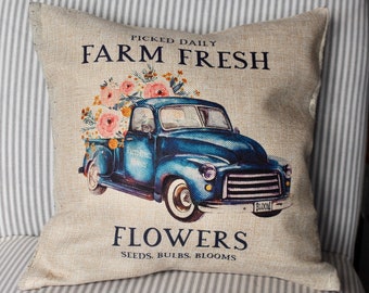 Farm Fresh Flowers Pillow, farmhouse Decor, Porch Pillows, Pillow Covers,  Spring Decor, Summer Decor, Farm Fresh Flowers Truck Pillow