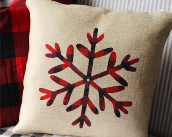 Housse de coussin de Noël écossais flocon de neige, décoration de Noël, housse de coussin de Noël en toile de jute, taies d'oreiller, décor à carreaux buffle, carreaux rouges et noirs