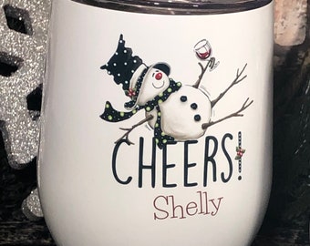 Cheers Snowman Stemless Stainless Cup, Funny Wine Tumbler. Hot Cocoa Cup, Insulated Christmas Mugs,Mug, Funny Wine, Personalized Wine