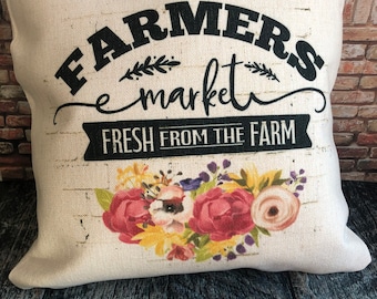 Farmers Market Pillow, farmhouse Decor, Porch Pillows, Linen Pillow Covers,  Spring Decor, Summer decor