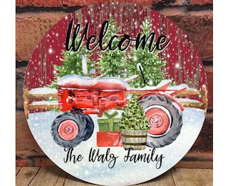 Red Tractor Door Hanger, Personalized Door Hanger, Christmas Sign, Christmas Decor, Christmas Front Door Sign, Rustic Christmas