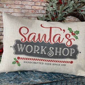 Santas Workshop Pillow, Christmas Pillows, Christmas decor, Traditional Christmas Decor, Santa Pillow image 2