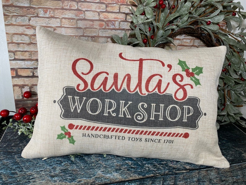 Santas Workshop Pillow, Christmas Pillows, Christmas decor, Traditional Christmas Decor, Santa Pillow image 2