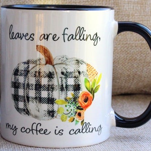 The leaves are falling, my coffee is calling mug, plaid pumpkin mug, fall coffee mugs, pumpkin coffee cups, plaid pumpkin, pumpkin mugs