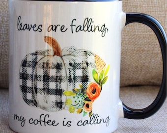 The leaves are falling, my coffee is calling mug, plaid pumpkin mug, fall coffee mugs, pumpkin coffee cups, plaid pumpkin, pumpkin mugs