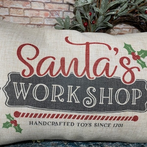 Santas Workshop Pillow, Christmas Pillows, Christmas decor, Traditional Christmas Decor, Santa Pillow image 1