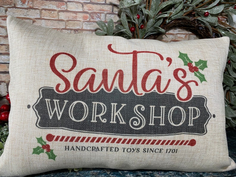 Santas Workshop Pillow, Christmas Pillows, Christmas decor, Traditional Christmas Decor, Santa Pillow image 1