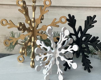 Lot de 3 flocons de neige en bois dorés, décoration de Noël, plateau à plusieurs niveaux de Noël, décoration d'hiver, plateau à plusieurs niveaux de saison, plateaux à plusieurs niveaux, décor de flocon de neige