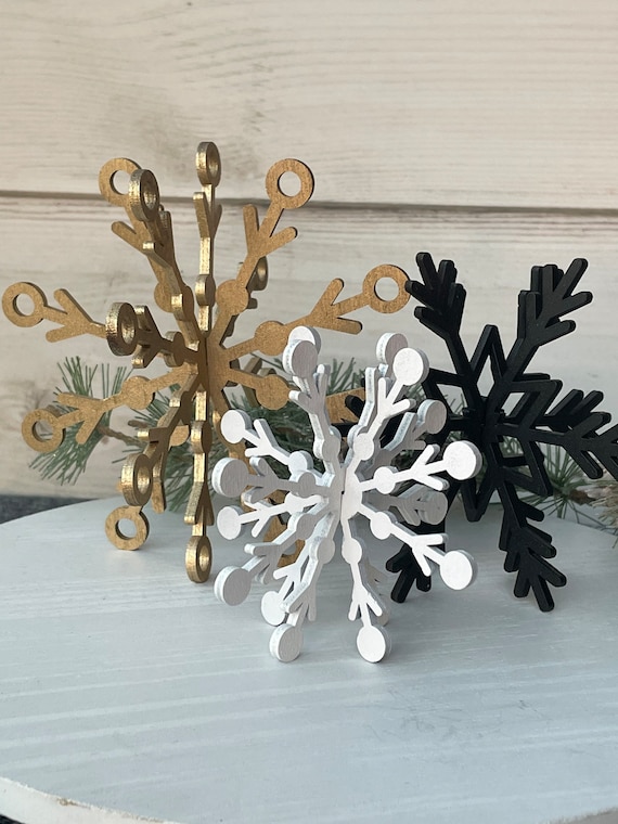 Gold Set of 3 wood snowflakes , Christmas Decor, Christmas Tiered Tray, Winter Decor, Seasonal Tiered Tray, Tiered Trays, Snowflake decor